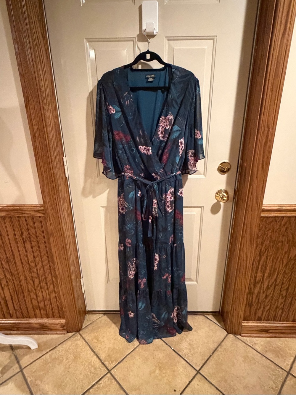 City Chic Floral Wrap Maxi Dress XXL / 24 Blue Pink Boho 58” Length